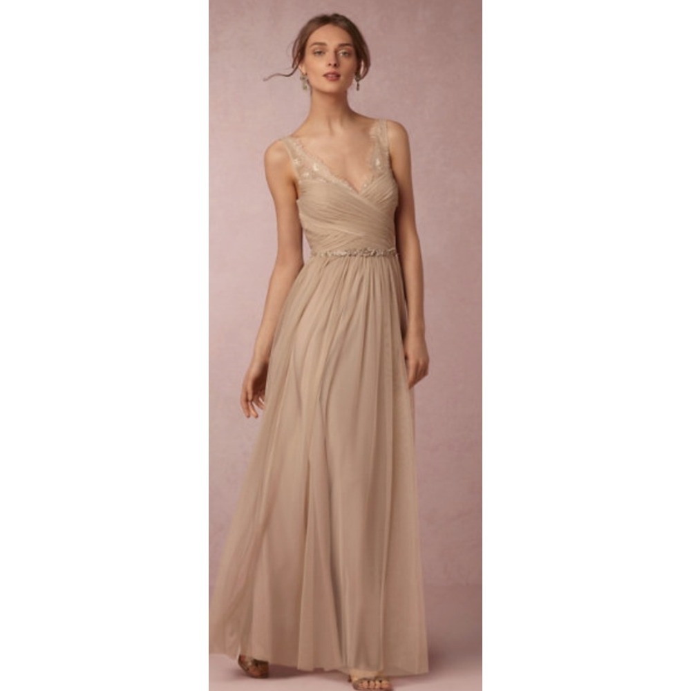 Hitherto BHLDN‎ Tulle Lace Maxi Gown Dress Champagne Tan Romantic Fairy 6